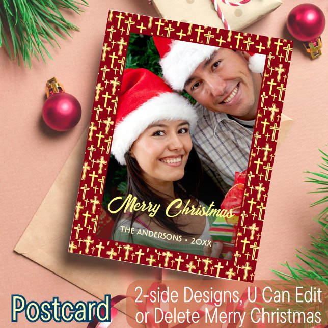 Christian Cross Custom Photo Script Red Christmas Holiday Postcard (Creator Uploaded)