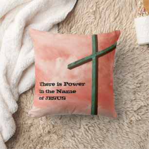 Christian CROSS Easter JESUS Power Name Coral Throw Pillow