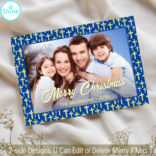 Christian Cross Elegant Script Christmas Navy Blue Holiday Card