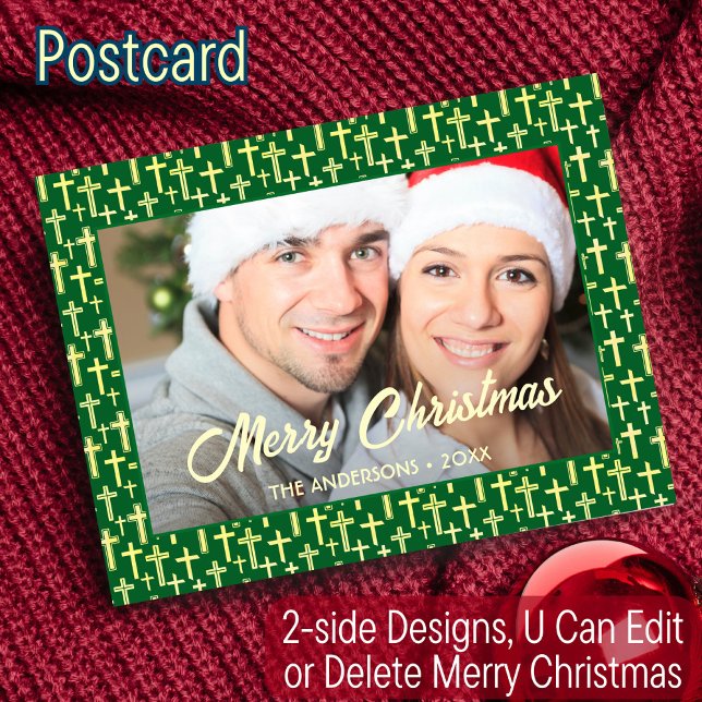 Christian Cross Elegant Script Photo Christmas Holiday Postcard (Creator Uploaded)