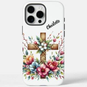 Christian Cross Encircled Artistic Spring Flowers iPhone 16 Pro Max Case