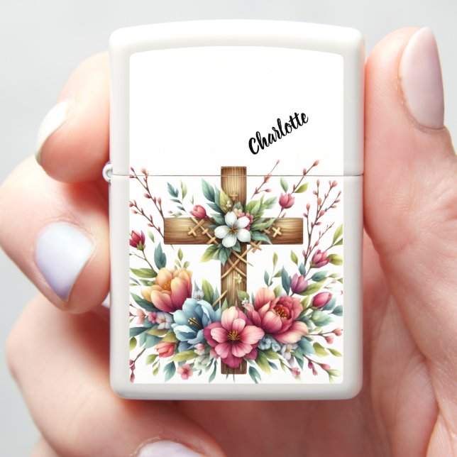 Christian Cross Encircled Artistic Spring Flowers Zippo Lighter (In Hand)