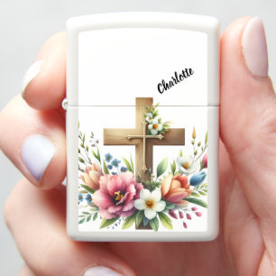 Christian Cross Encircled by Vibrant Floral Beauty Zippo Lighter