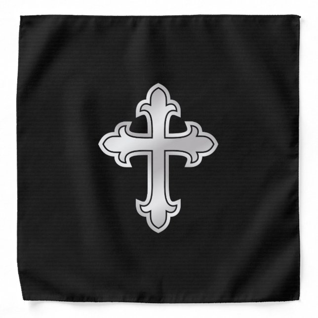 Christian Cross Fleury Silver on Black Bandana (Front)