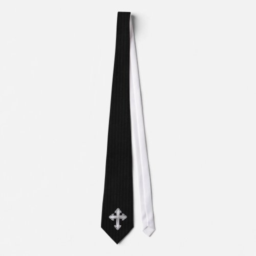 Christian Cross Fleury Silver on Black Neck Tie