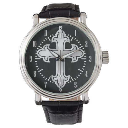 Christian Cross Fleury Silver on Black Watch