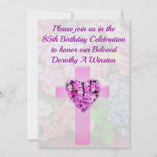 CHRISTIAN CROSS  FLORAL 85TH BIRTHDAY INVITATION