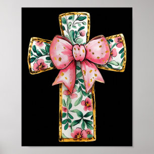 Christian Cross Floral Coquette Bow Pink Religious Poster