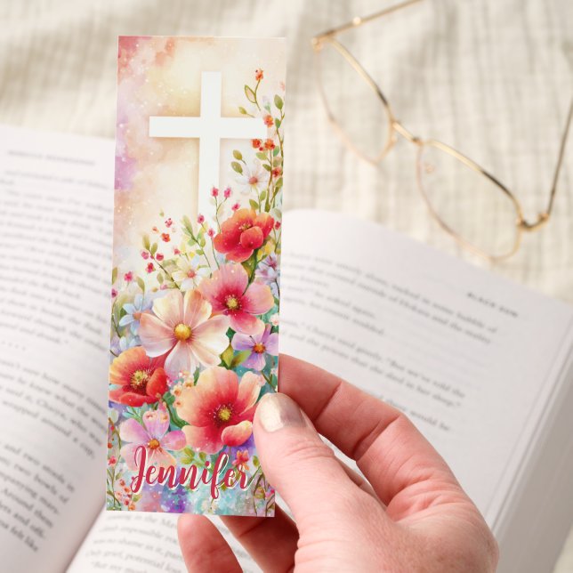 Christian Cross Floral Design Personalized Bookmarks (Hand)