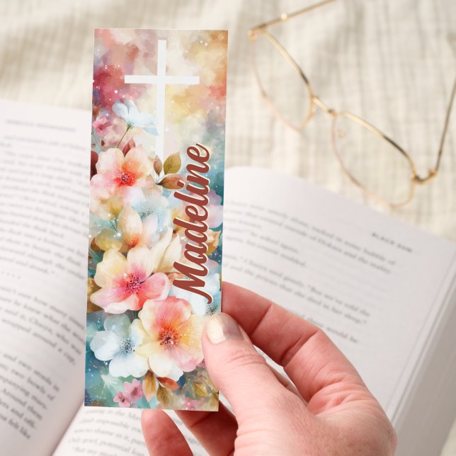 Christian Cross Floral Watercolor Personalized Bookmarks (Hand)