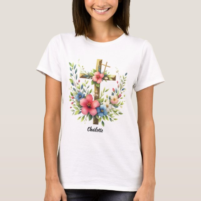 Christian Cross Framed by Artistic Floral Halo T-Shirt (Front)