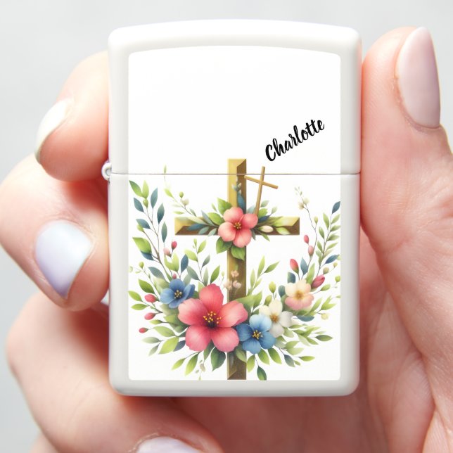 Christian Cross Framed by Artistic Floral Halo Zippo Lighter (In Hand)