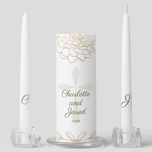 Christian Cross Gold Floral Unity Candle Set