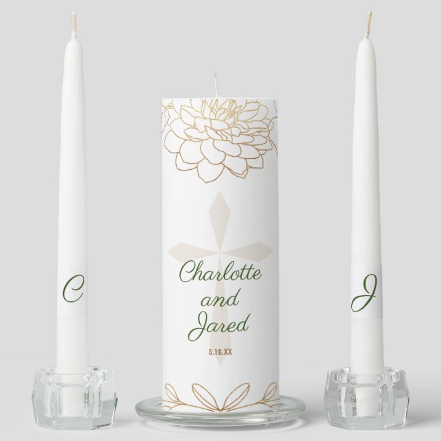 Christian Cross Gold Floral Unity Candle Set (Front)