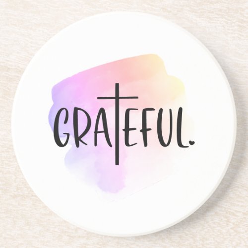 Christian Cross Grateful Typography Sandstone Coaster