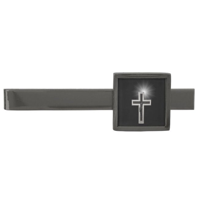 Christian cross gunmetal finish tie clip (Front)