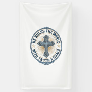 Christian Cross He Rules the World Banner