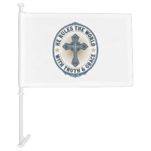 Christian Cross He Rules the World Car Flag