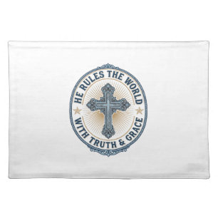 Christian Cross He Rules the World Cloth Placemat