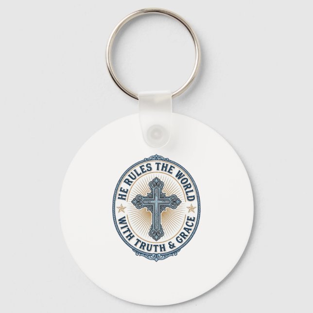 Christian Cross He Rules the World Keychain (Front)