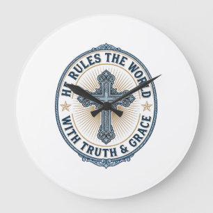 Christian Cross He Rules the World Large Clock