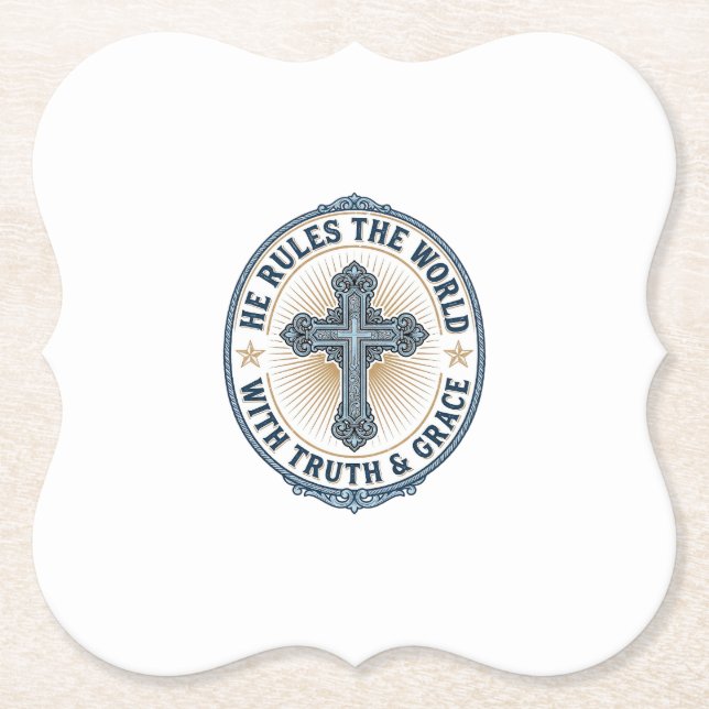 Christian Cross He Rules the World Paper Coaster (Front)