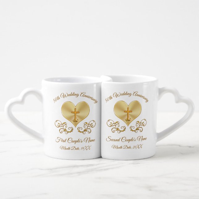 Christian Cross, Heart 50th Anniversary Presents Coffee Mug Set (Front Nesting)