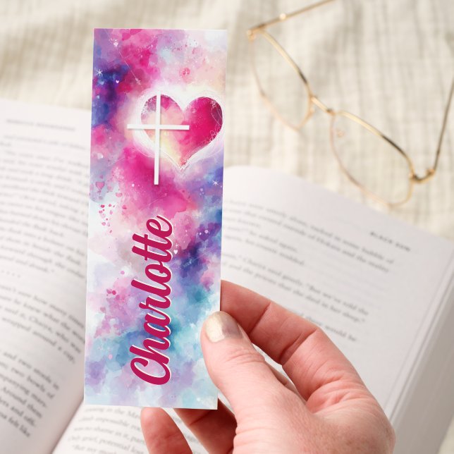 Christian Cross Heart Watercolor Personalized Bookmarks (Hand)