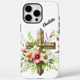 Christian Cross Highlighted by Floral Spring Halo iPhone 16 Pro Max Case