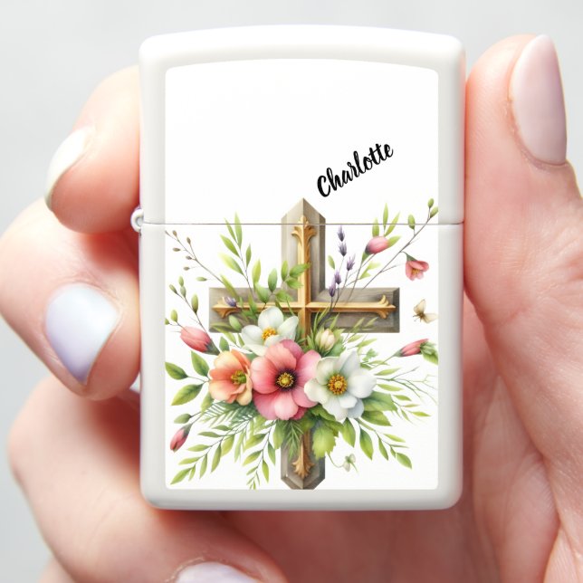 Christian Cross Highlighted by Floral Spring Halo Zippo Lighter (In Hand)