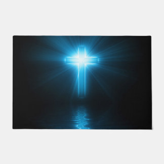 Christian Cross in Blue Light Floor Mat