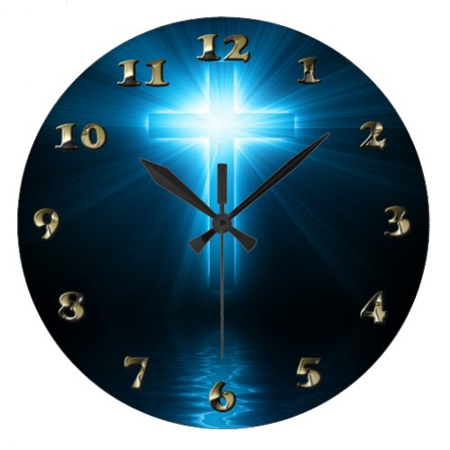 Christian Cross in Blue Light Large Clock