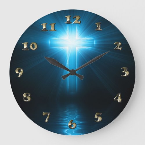 Christian Cross in Blue Light Large Clock
