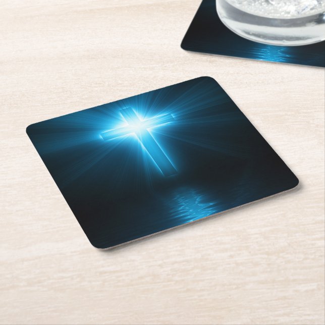 Christian Cross in Blue Light Square Paper Coaster (Angled)