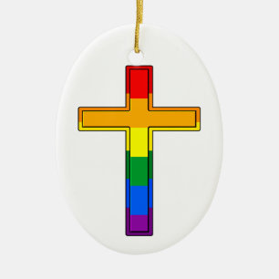 Christian Cross in Gay Pride Flag Colors Ceramic Ornament
