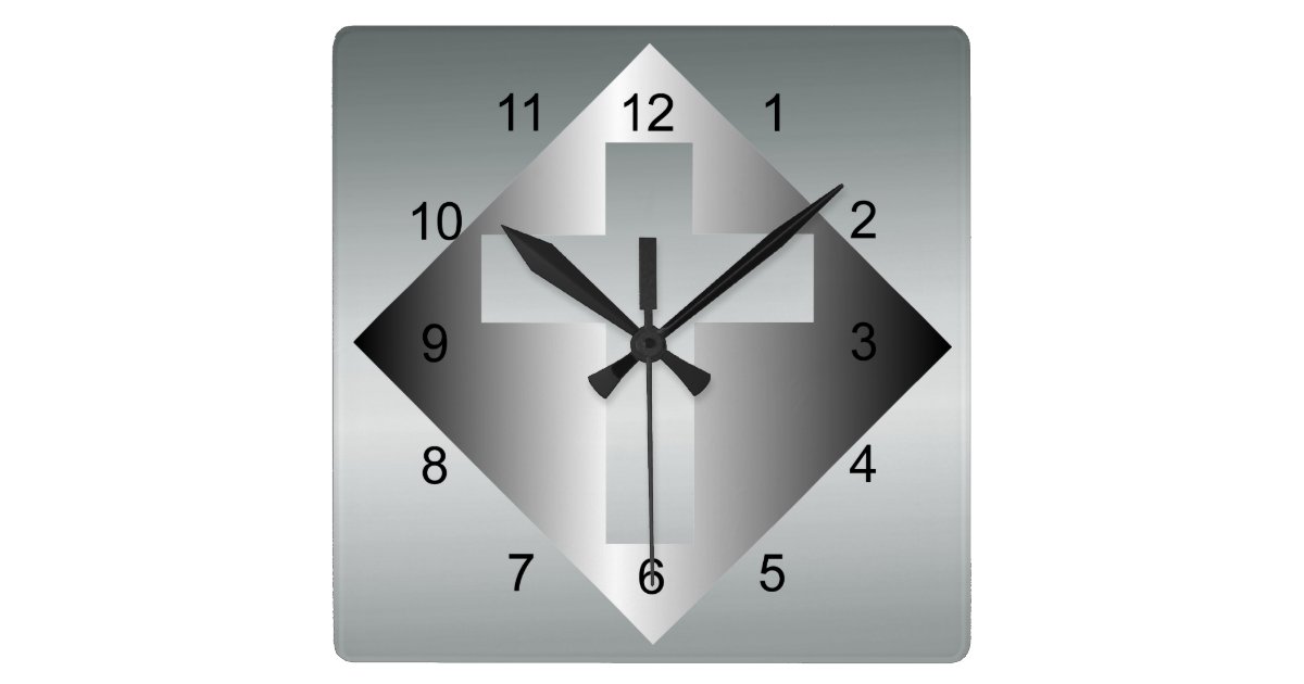 Christian Cross in Silver Color Square Wall Clock