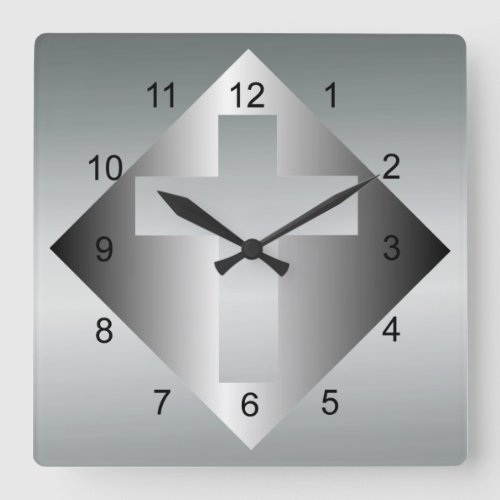 Christian Cross in Silver Color Square Wall Clock