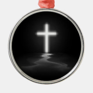 Christian Cross in the Mist Metal Ornament