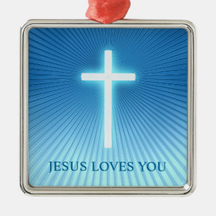 Christian Cross Jesus Loves You Metal Ornament