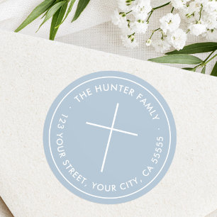 Christian cross light dusty blue return address classic round sticker