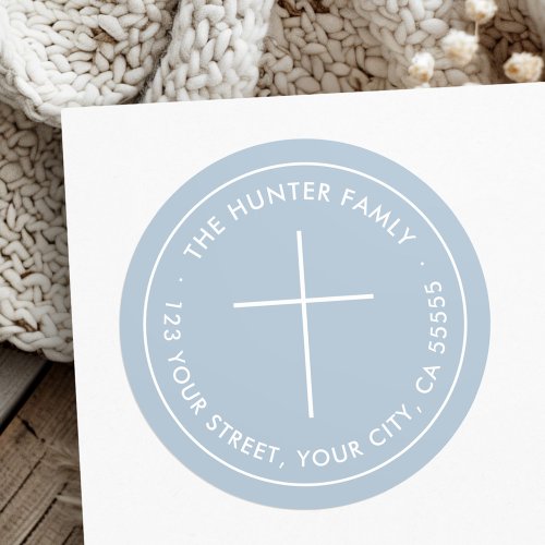 Christian cross light dusty blue return address classic round sticker