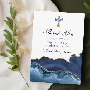 Christian Cross Navy Blue Gold Confirmation Thank You Card