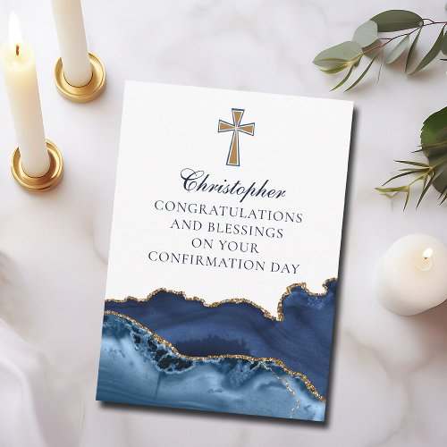 Christian Cross Navy Blue Gold Congratulations Card