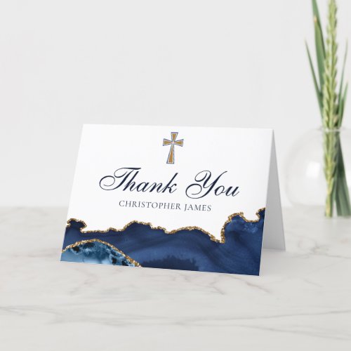 Christian Cross Navy Blue Gold Custom Religious Thank You Card