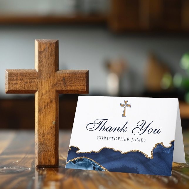 Christian Cross Navy Blue Gold Custom Religious Thank You Card (Creator Uploaded)
