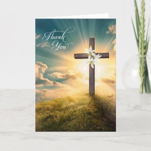 Christian Cross on a Hill and Lilies Thank You Card