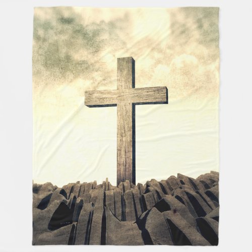 Christian Cross On Mountain Fleece Blanket
