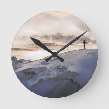 Christian Cross On Mountain Round Clock by politix at Zazzle