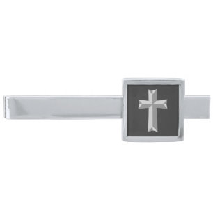 Christian cross origami silver finish tie bar