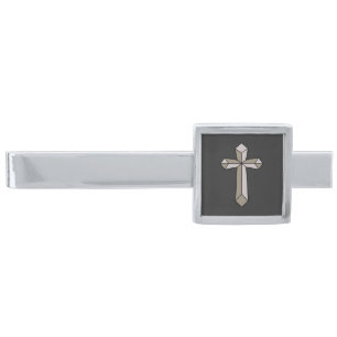 Christian cross origami silver finish tie bar